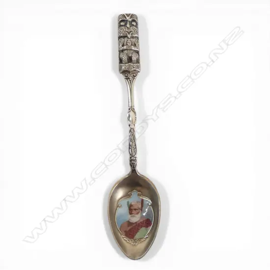 Early 20thC STG SILVER NZ SOUVENIR SPOON enamel picture of Maori Chief to bowl. Birmingham 1912. The handle as a...