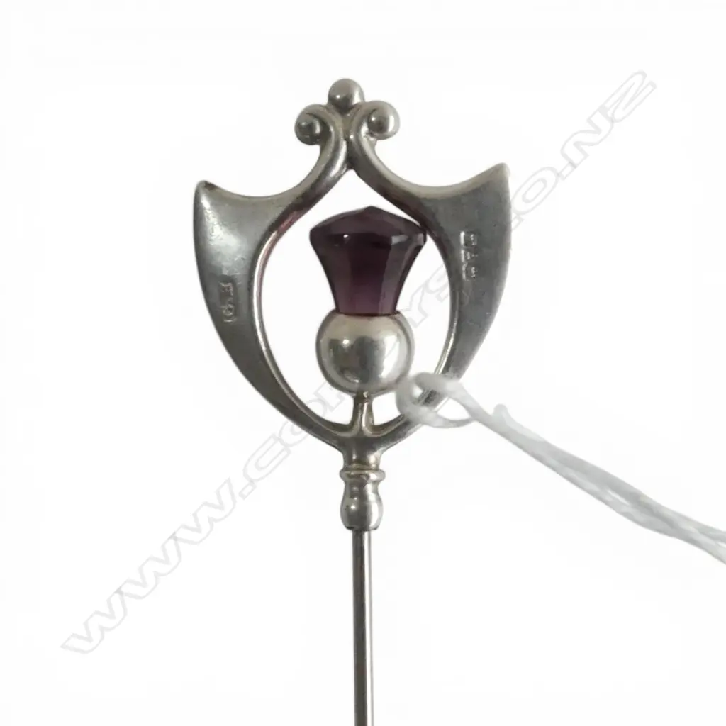 Chester 1912 Charles Horner silver and purple gem hat pin, minor chipping Image 1++