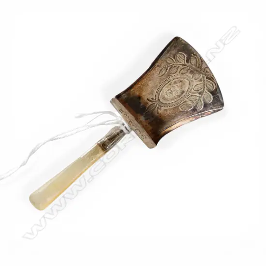 # George III silver caddy scoop. Birmingham 1814 by William  Boot. MOP handle glued & taped