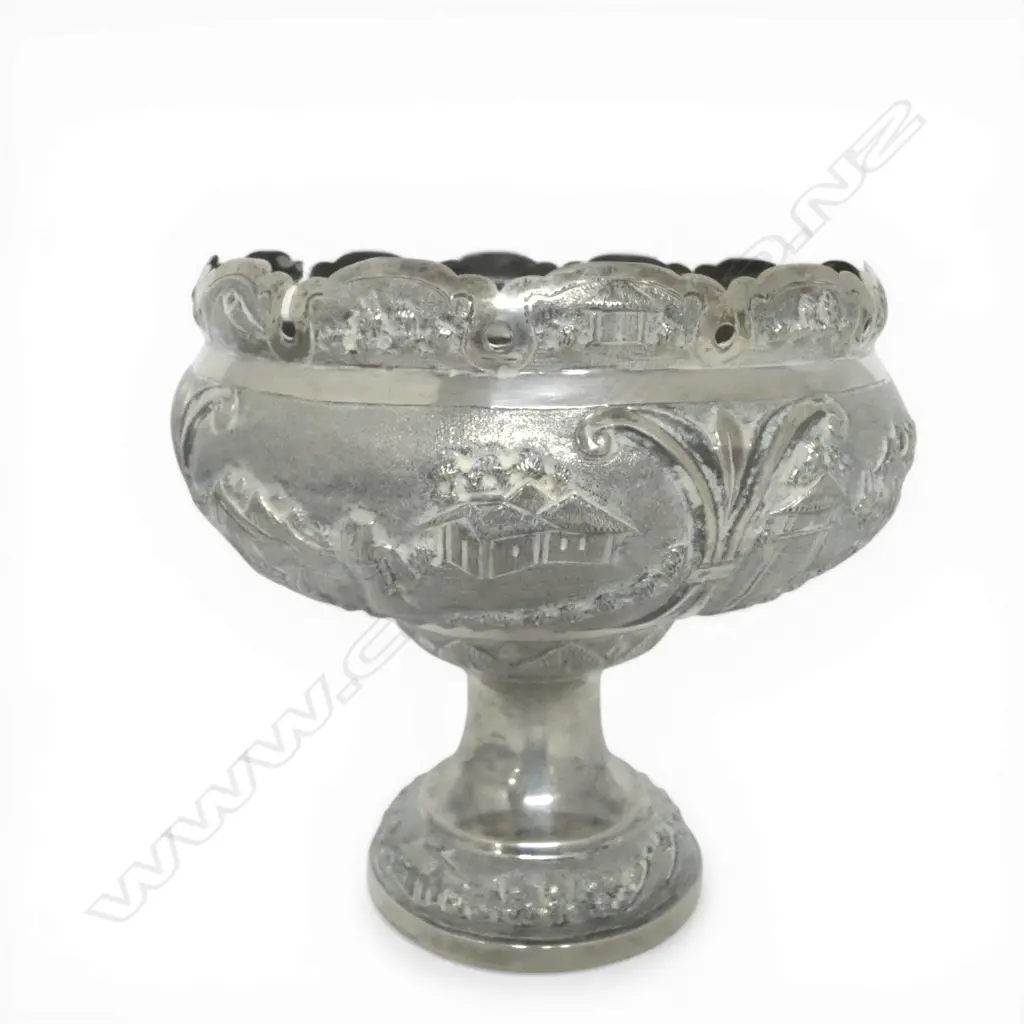 Early 20thC LARGE INDIAN 'STERLING SILVER' PEDESTAL BOWL ornately embossed landscape scenes figures & buildings. 411gms Image 1++