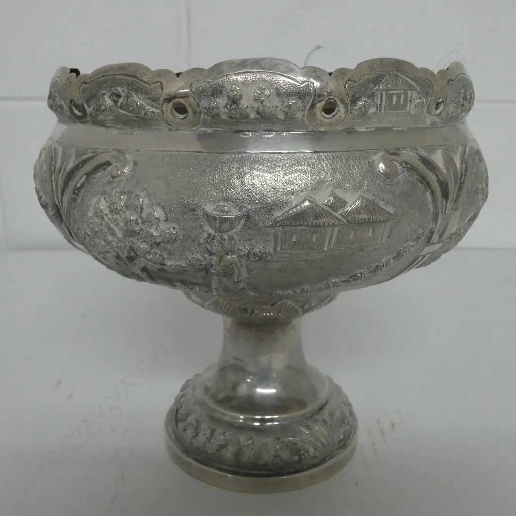 Early 20thC LARGE INDIAN 'STERLING SILVER' PEDESTAL BOWL ornately embossed landscape scenes figures & buildings. 411gms Image 1++