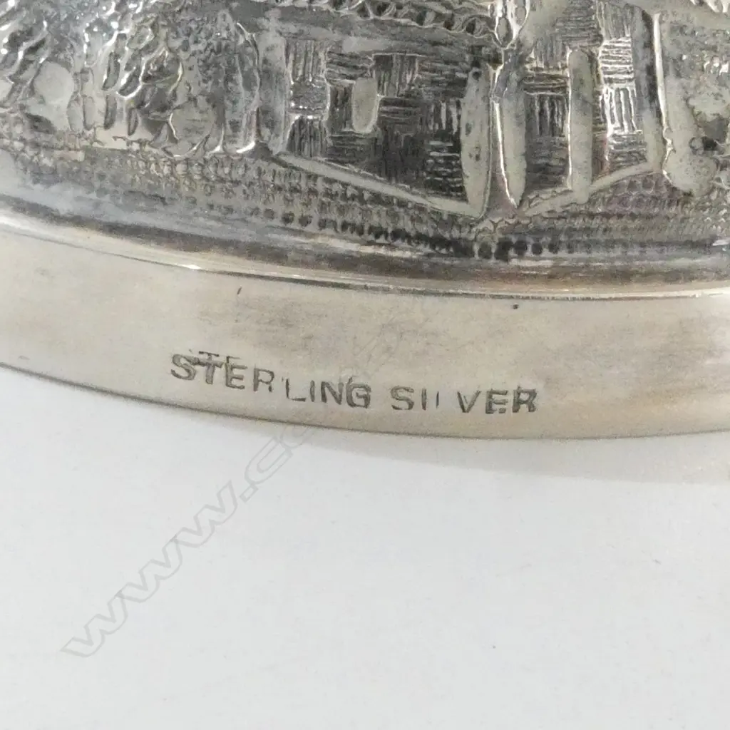 Early 20thC LARGE INDIAN 'STERLING SILVER' PEDESTAL BOWL ornately embossed landscape scenes figures & buildings. 411gms Image 1++