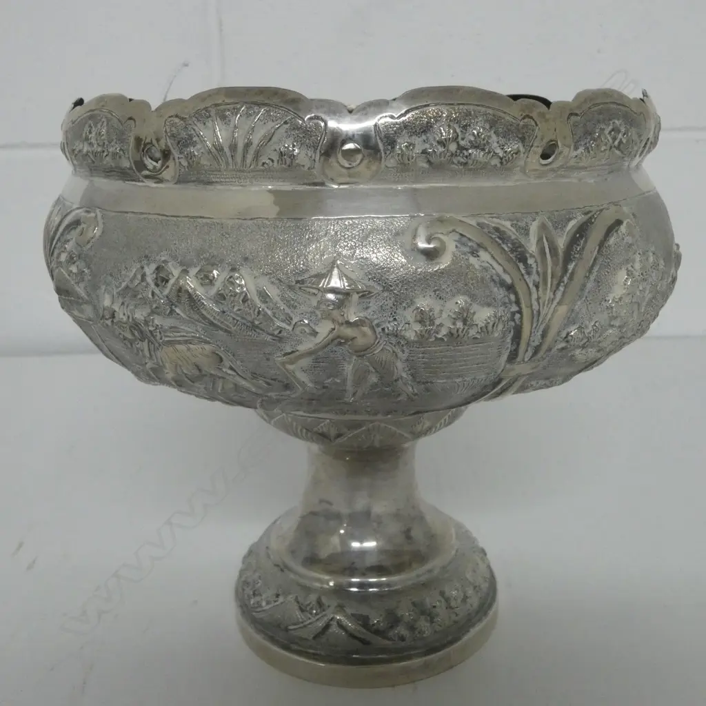 Early 20thC LARGE INDIAN 'STERLING SILVER' PEDESTAL BOWL ornately embossed landscape scenes figures & buildings. 411gms Image 1++