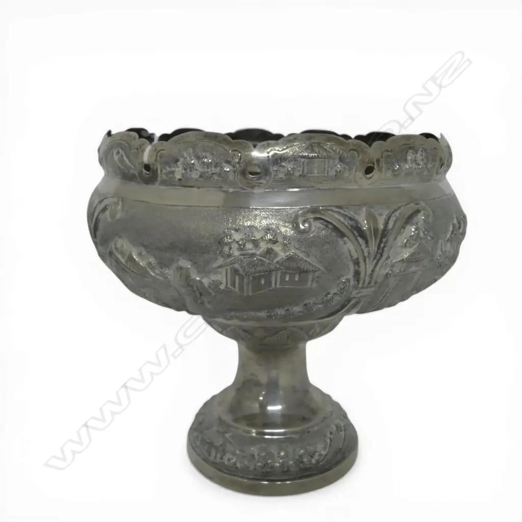 Early 20thC LARGE INDIAN 'STERLING SILVER' PEDESTAL BOWL ornately embossed landscape scenes figures & buildings. 411gms Image 1++
