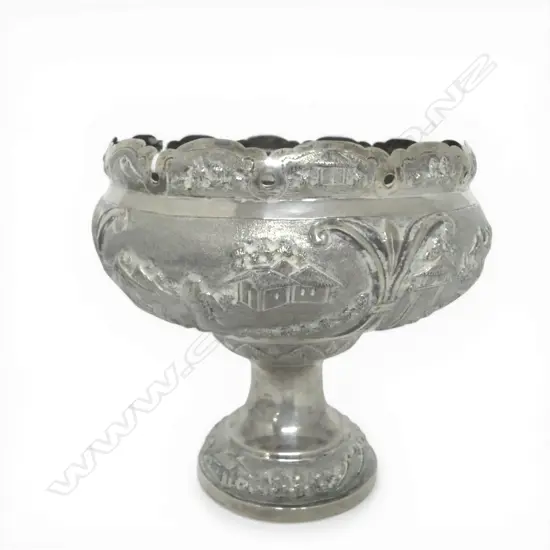 Early 20thC LARGE INDIAN 'STERLING SILVER' PEDESTAL BOWL ornately embossed landscape scenes figures & buildings. 411gms