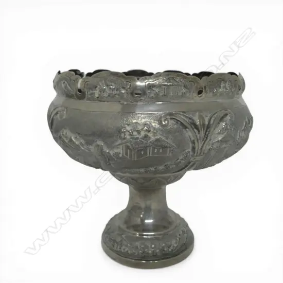 Early 20thC LARGE INDIAN 'STERLING SILVER' PEDESTAL BOWL ornately embossed landscape scenes figures & buildings. 411gms
