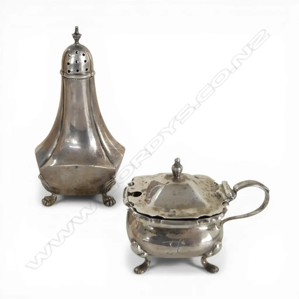 SILVER PEPPERETTE & MUSTARD POT w blue glass liner. Silver weight 95gms Image 1++