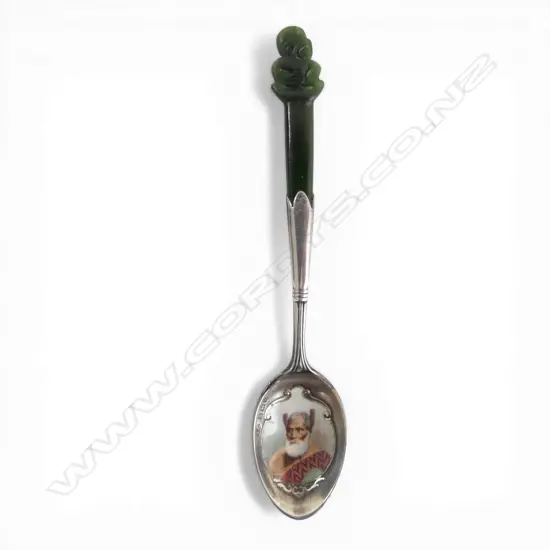 Vintage STG SILVER & ENAMEL NZ SPOON w greenstone tiki handle. Birmingham 1912. Enamelled Maori chief to bowl