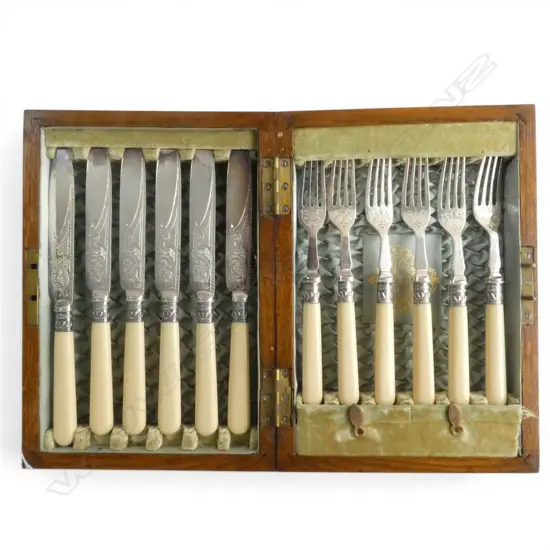 c.1920's OAK CASED CASEIN FRUIT SET w. STG SILVER COLLARS