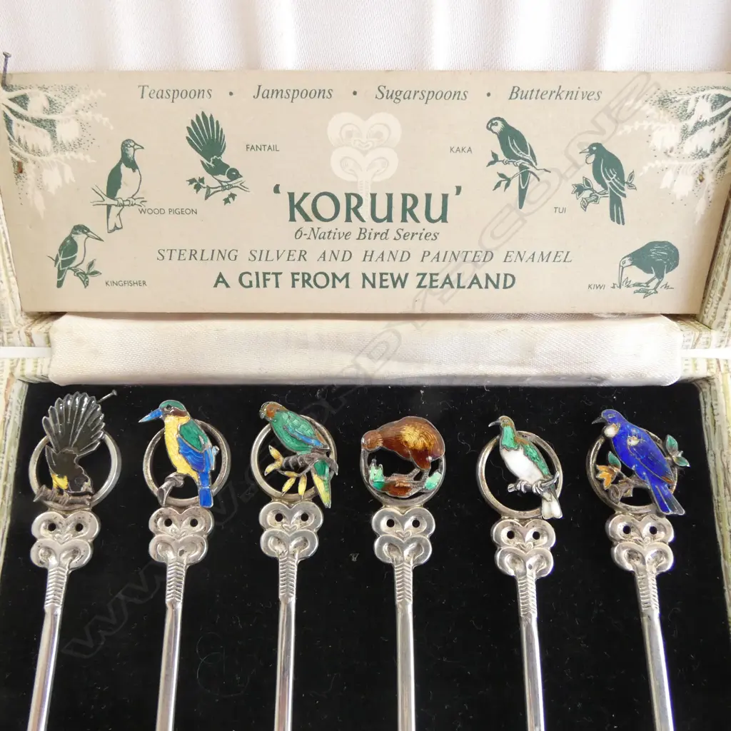 BOXED SET 6 STG SILVER & enamel 'KORURU' native bird series souvenir spoons retailed by Don Cimino Whanganui Image 1++