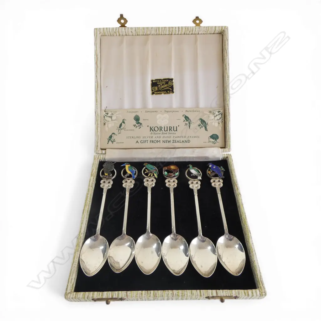 BOXED SET 6 STG SILVER & enamel 'KORURU' native bird series souvenir spoons retailed by Don Cimino Whanganui Image 1++