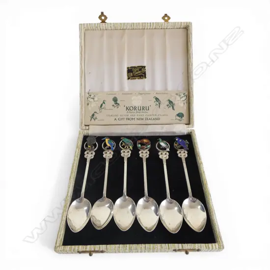 BOXED SET 6 STG SILVER & enamel 'KORURU' native bird series souvenir spoons retailed by Don Cimino Whanganui