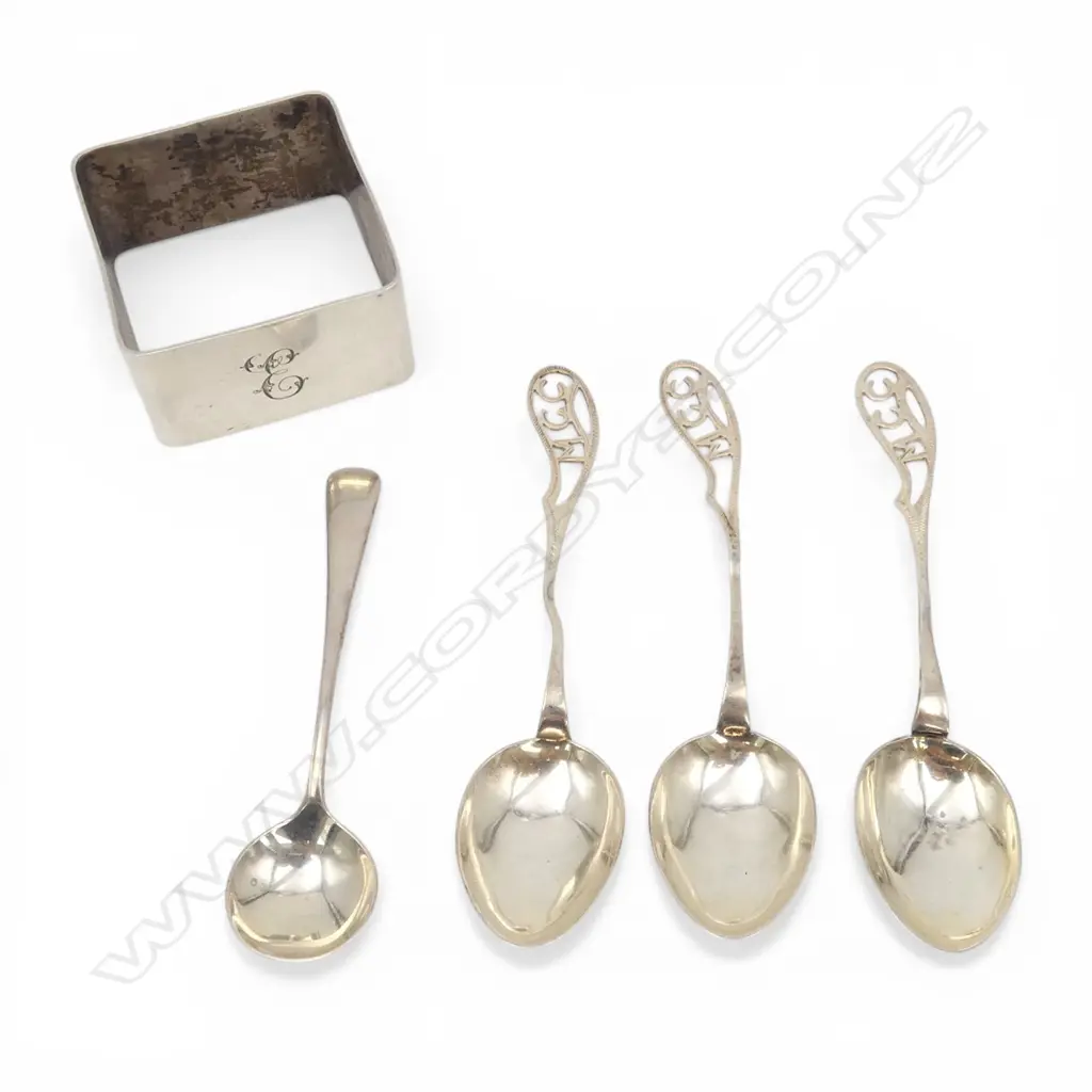 STG SILVER NAPKIN RING + 3 COFFEE SPOONS. 64gms + 1 MUSTARD SPOON Image 1++