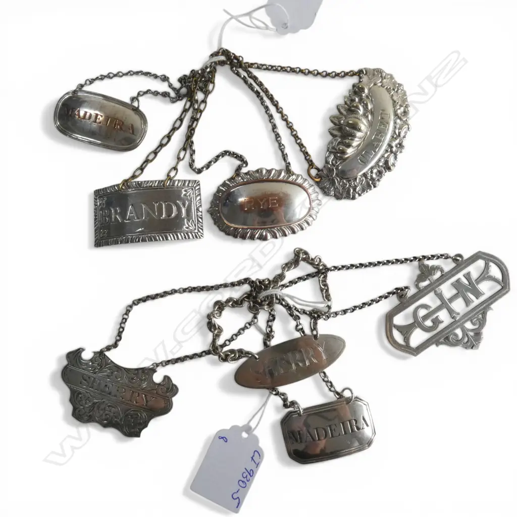 FOUR STG SPIRIT LABELS SHERRY X 2, GIN AND MADEIRA, 48gms + FOUR SILVER PLATE LABELS Image 1++