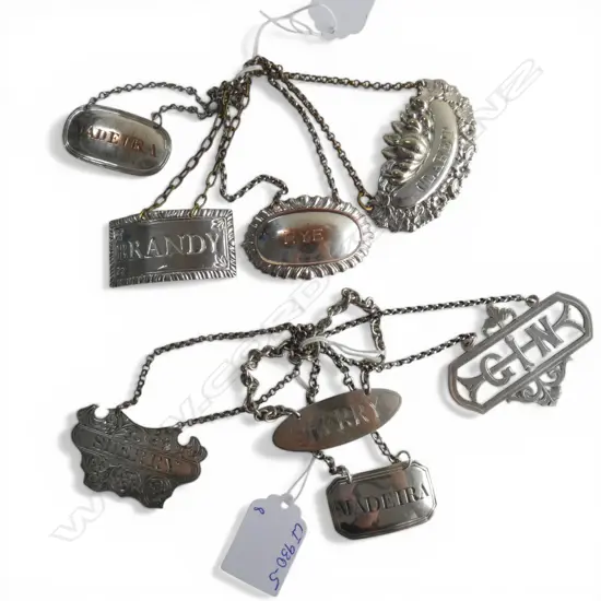 FOUR STG SPIRIT LABELS SHERRY X 2, GIN AND MADEIRA, 48gms + FOUR SILVER PLATE LABELS