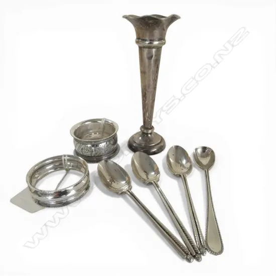 ASST STG SILVER: 4 SPOONS + 2 NAPKIN RINGS 77gms + small silver vase w weighted base 41gms