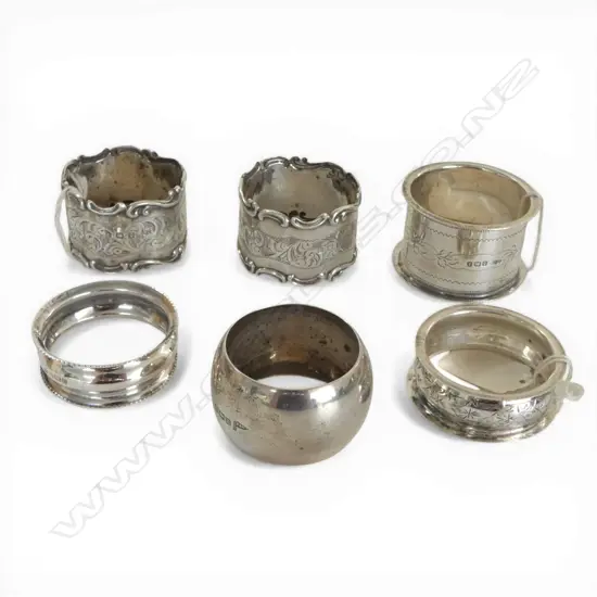 6 asst SILVER NAPKIN RINGS 104gms