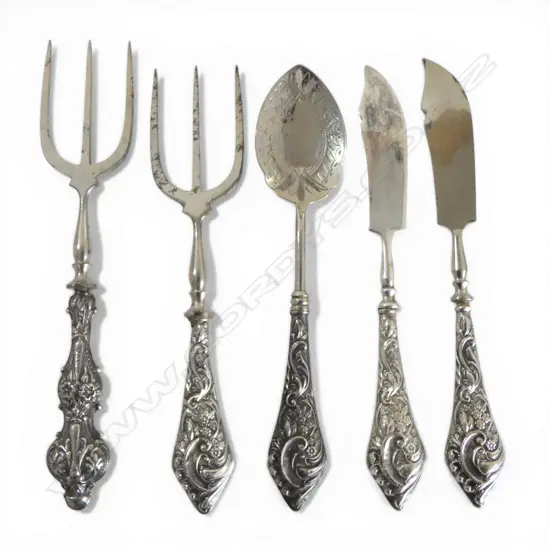 Birmingham 1906 SILVER HANDLED CUTLERY serving set: 2 bread forks + 2 butter knives + jam spoon