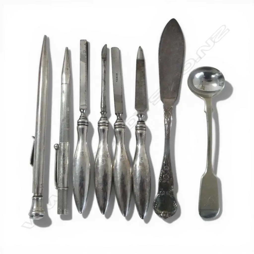 SELECTION SILVER HANDLED VANITY IMPLEMENTS + 2 PROPELLING PENCILS: STG SILVER & 'PILOT SILVER' + spoon & knife Image 1++