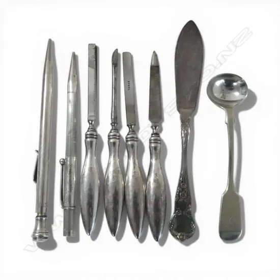 SELECTION SILVER HANDLED VANITY IMPLEMENTS + 2 PROPELLING PENCILS: STG SILVER & 'PILOT SILVER' + spoon & knife