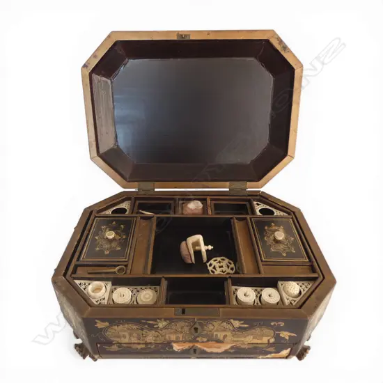 CHINOISERIE LACQUER SEWING BOX with original fitted interior & bone accessories, faults, W.330mm