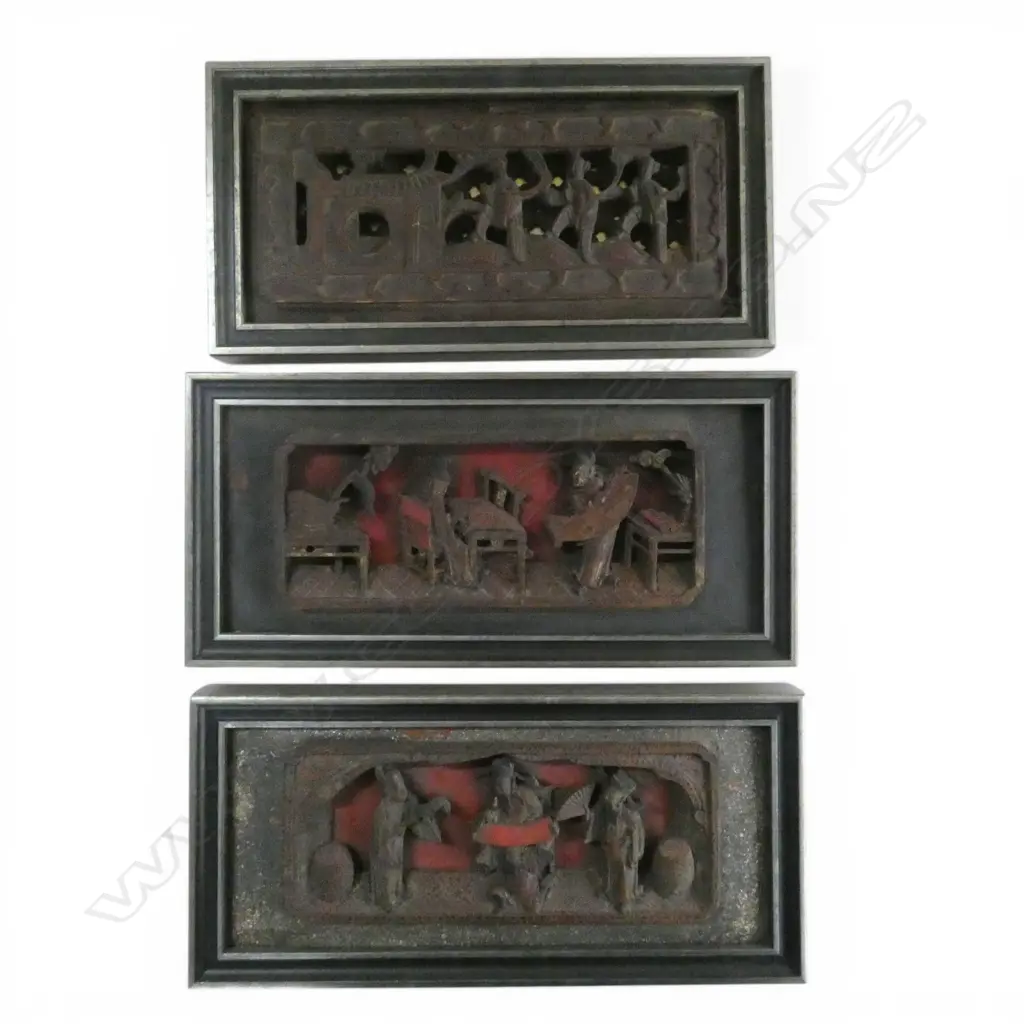 3 FRAMED CHINESE CARVED PANELS 180x375mm Image 1++
