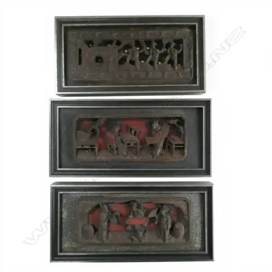 3 FRAMED CHINESE CARVED PANELS 180x375mm