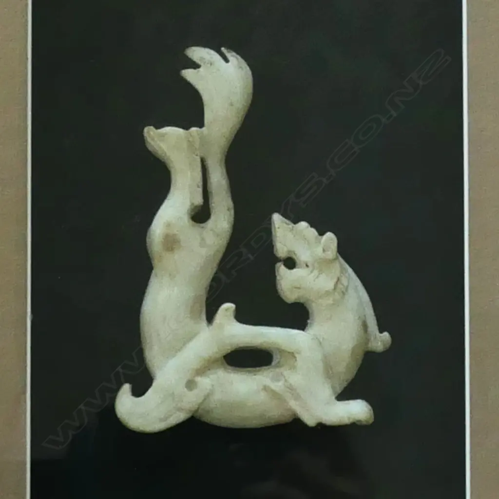 ARCHAIC STYLE CHINESE PALE JADE CARVED FLYING DRAGON BEAST H.115mm. In gilt frame under glass. Image 1++