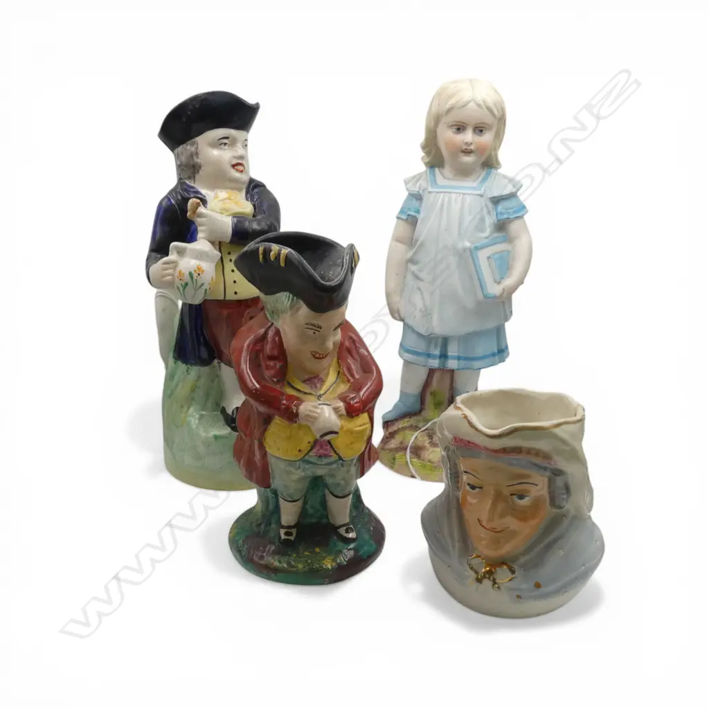 2 ANTIQUE TOBY JUGS, CHARACTER JUG + FIGURINE H.320mm Image 1++