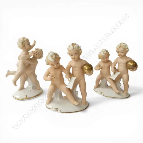 3 GERMAN PORCELAIN PAINTED PUTTI FIGURE GROUPS H.140mm