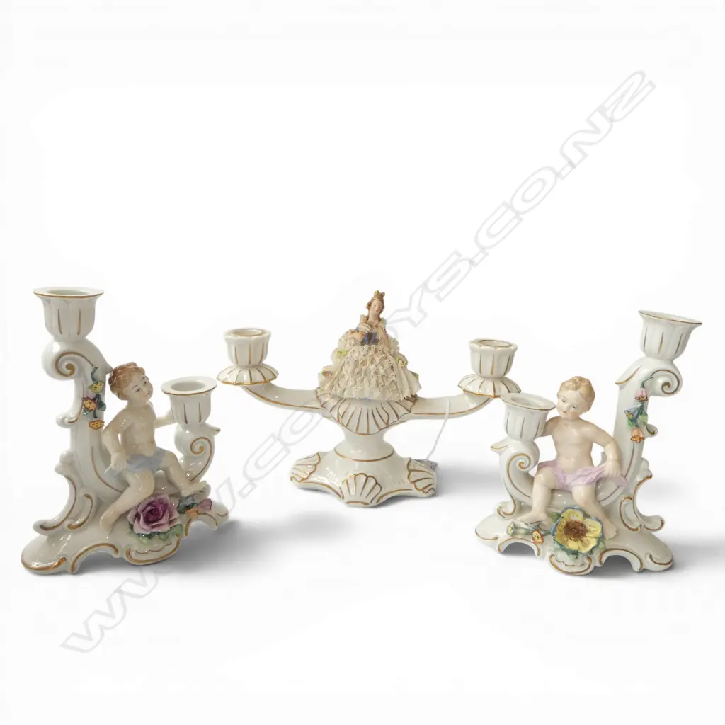 3 DRESDEN CANDLESTICKS - INCLUDING PUTTI & LACE H.170mm Image 1++