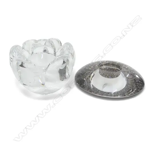 2 CRYSTAL CANDLE HOLDERS; ROYAL COPENHAGEN / ORREFORS KOSTA BODA 140mm dia