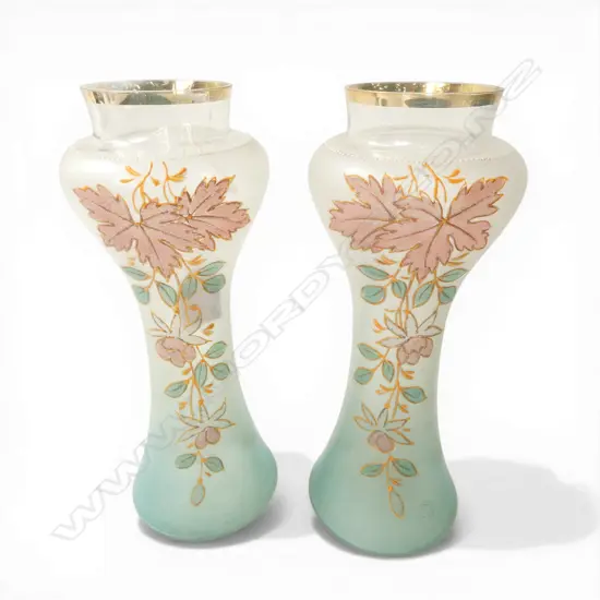 PAIR OF 20thC PAINTED GLASS VASES H.280mm