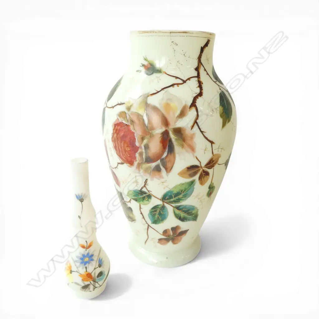 2 HAND PAINTED MILK GLASS VASES H.300mm Image 1++