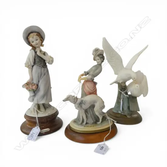 3 CAPODIMONTE FIGURINES, DOVES, FLOWER GIRL, WOMAN w HOUND, H.260,270,230mmmm