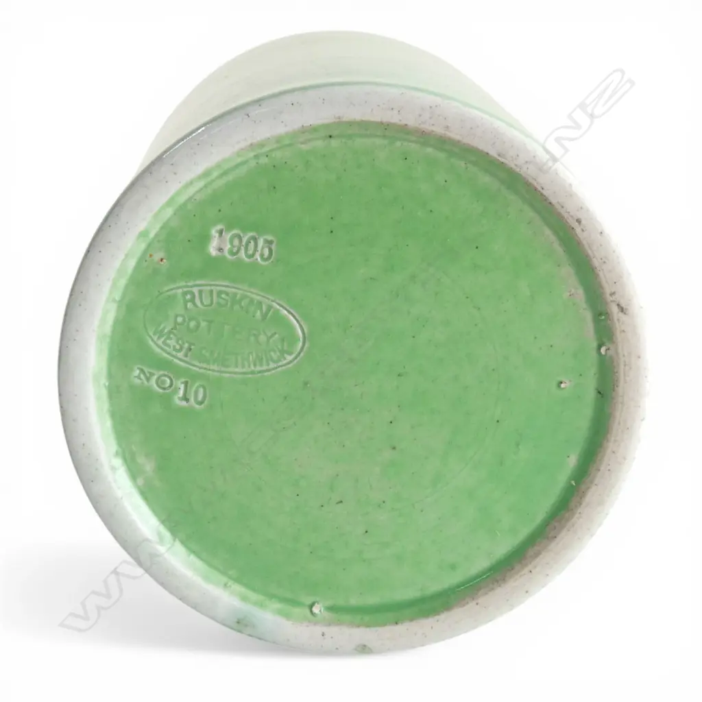1905 RUSKIN POTTERY green soufflé glaze VASE - impressed mark & date 1905. This vase with a tiny red blush and variable green glaze. H.225mm. Image 1++