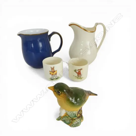 ROYAL DOULTON & DENBY MILK JUGS, BESWICK GREENFINCH FIGURINE, H.70 x 80mm & 2 RD BUNNYKINS EGG CUPS