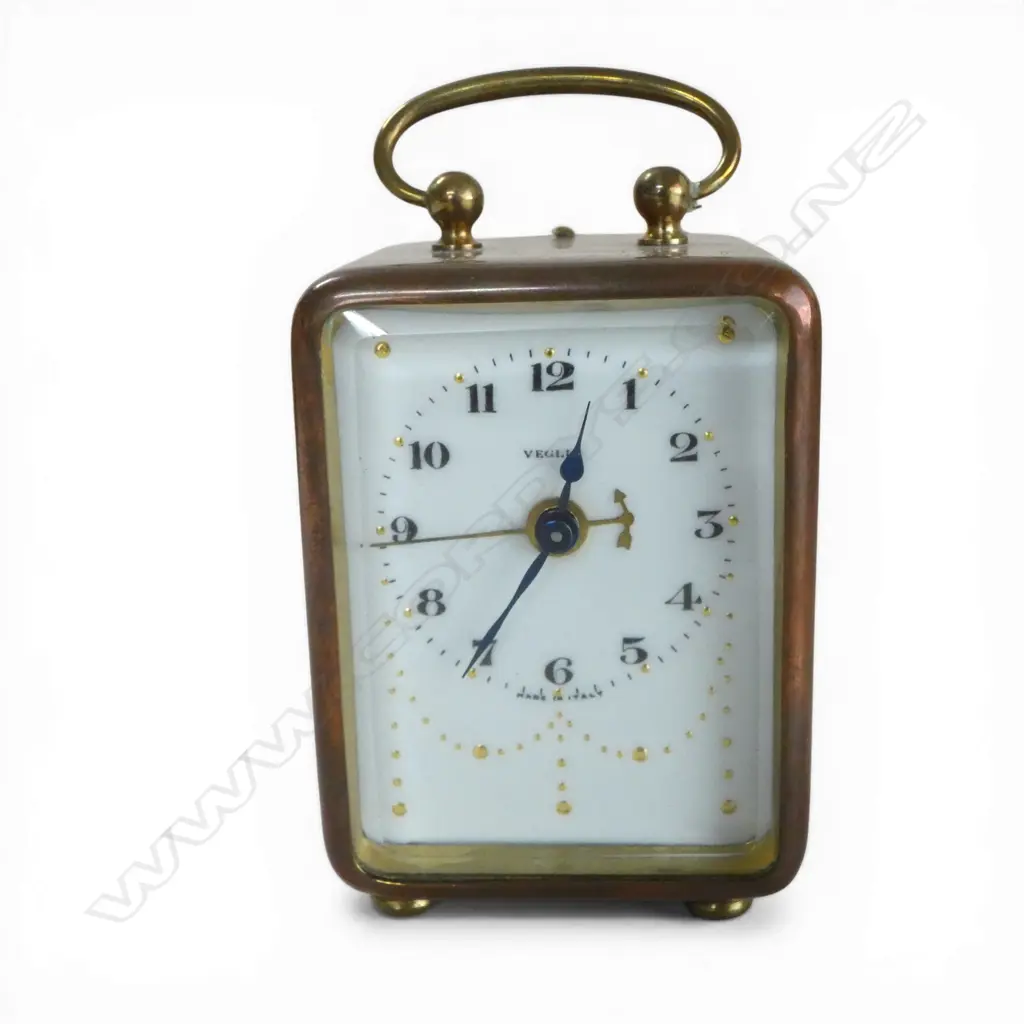 EARLY 20thC ITALIAN VEGLIA CARRIAGE TYPE CLOCK copper case brass trim. Enamel dial named. Running. H.100mm. Image 1++