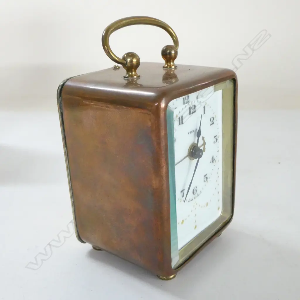 EARLY 20thC ITALIAN VEGLIA CARRIAGE TYPE CLOCK copper case brass trim. Enamel dial named. Running. H.100mm. Image 1++