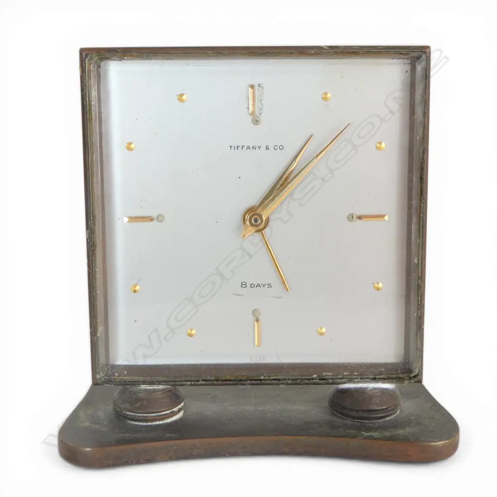 c1940/1950 TIFANY & CO. SWISS MADE GILT BRASS SMALL 8 DAY DESK  alarm CLOCK. H.85mm. Image 1++