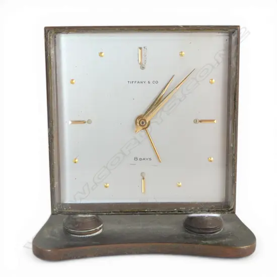 c1940/1950 TIFANY & CO. SWISS MADE GILT BRASS SMALL 8 DAY DESK  alarm CLOCK. H.85mm.