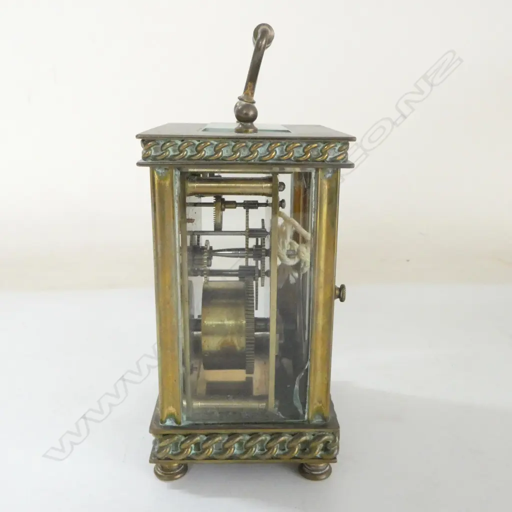 French R & Co (Richard et Cie) brass carriage clock. Enamel dial w hair crack. Curb chain link molding. Running. H.125mm Image 1++