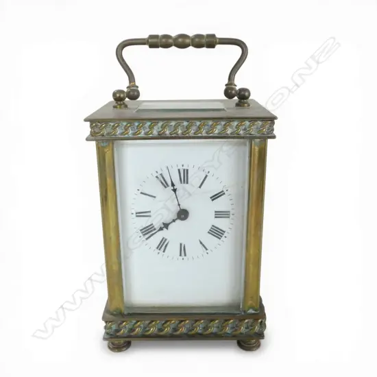 French R & Co (Richard et Cie) brass carriage clock. Enamel dial w hair crack. Curb chain link molding. Running. H.125mm