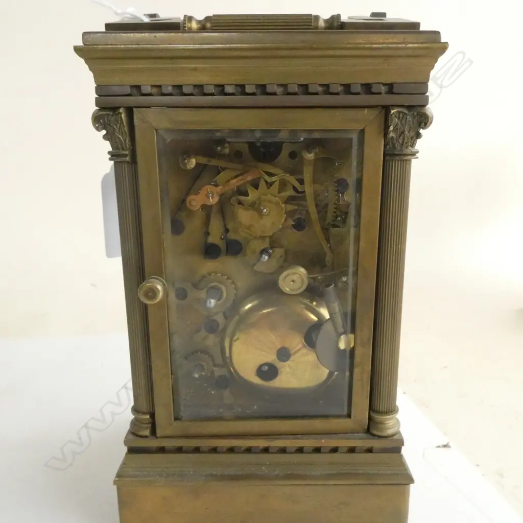LARGE BRASS REPEATER CARRIAGE CLOCK Corinthian column cnrs. Bell strike. Nearly running for a minute then stops. H.185m  Image 1++