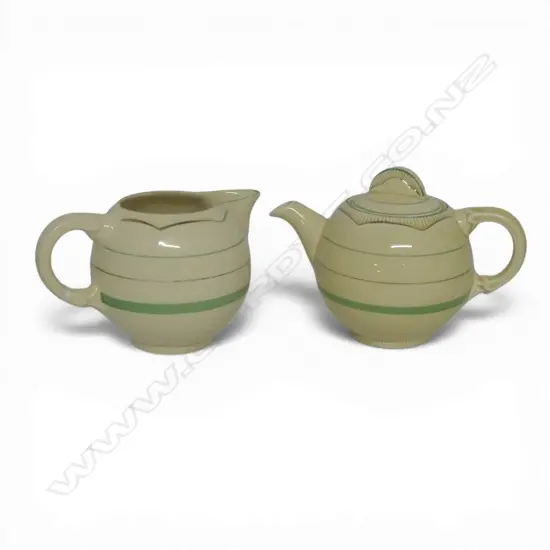 CLARICE CLIFF GOLD STRIPE TEAPOT & JUG H.140mm