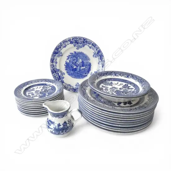 CHURCHILL B/W WILLOW PATTERN PLATES, BOWLS, JUG & OTHER PLATE  
