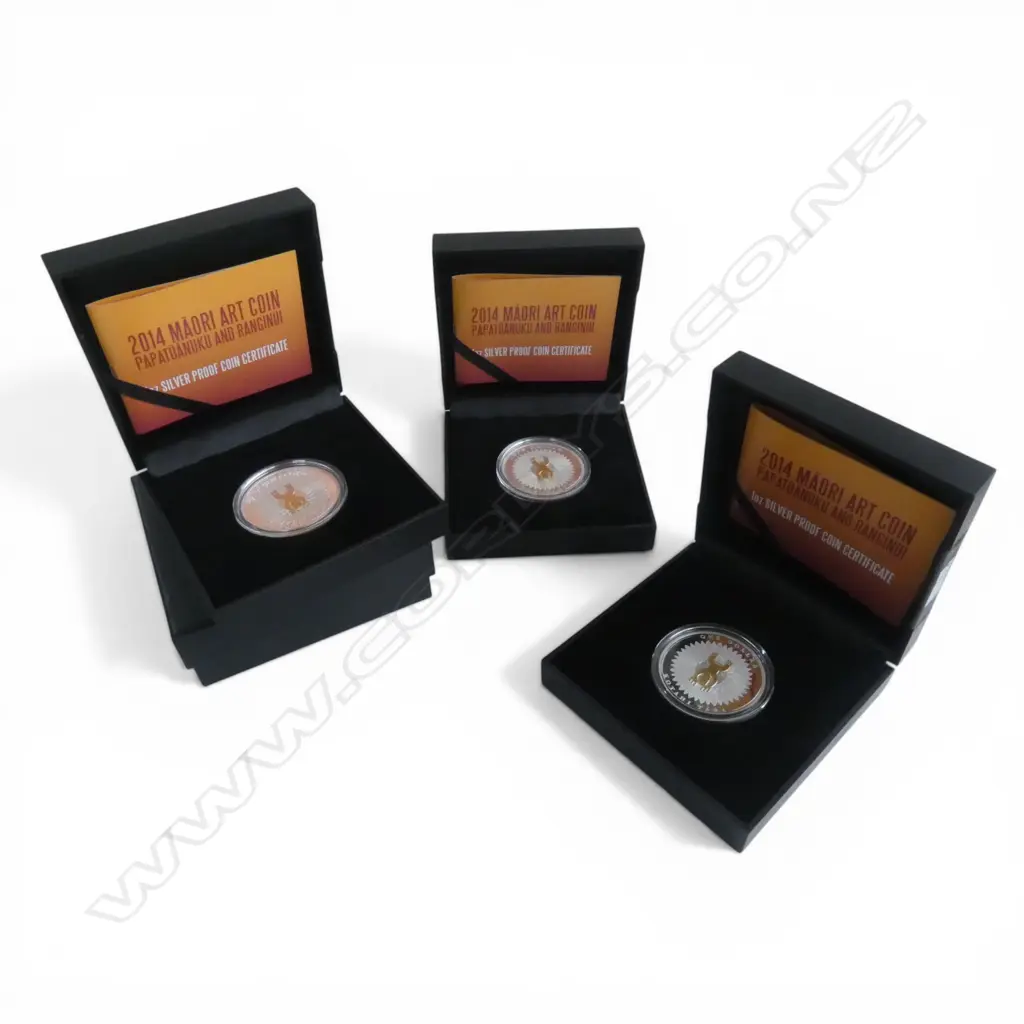 3 CASED 2014 MAORI ART COINS 'PAPATUANUKU AND RANGINUI .999 SILVER PROOF COINS 3oz TW Image 1++