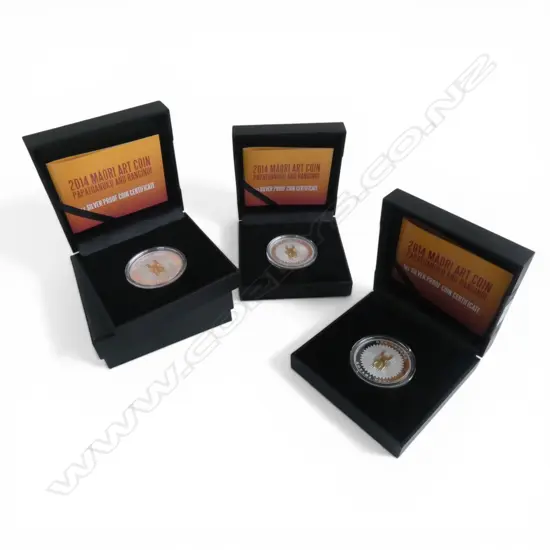 3 CASED 2014 MAORI ART COINS 'PAPATUANUKU AND RANGINUI .999 SILVER PROOF COINS 3oz TW