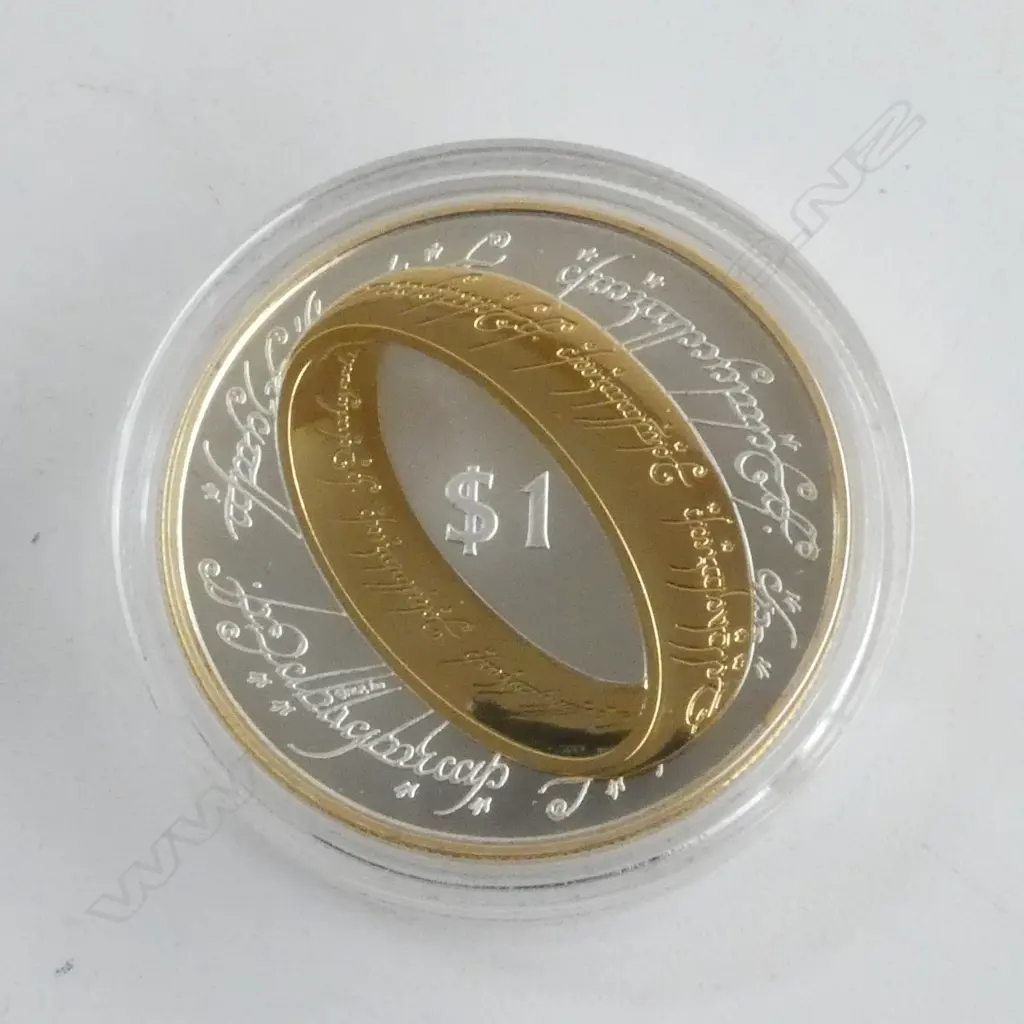 CASED 2003 N.Z. THE LORD OF THE RINGS .925 SILVER & GILT PROOF $1 COIN, 28.28gms Image 1++