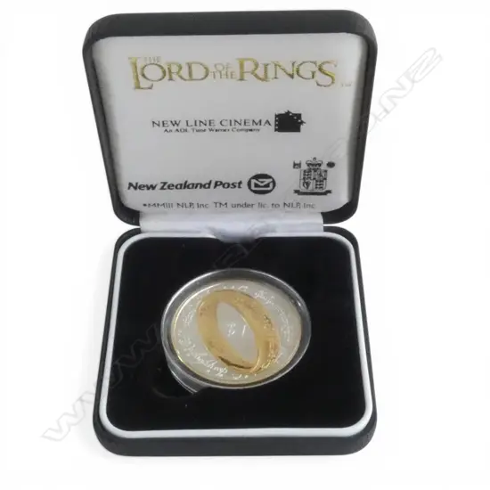 CASED 2003 N.Z. THE LORD OF THE RINGS .925 SILVER & GILT PROOF $1 COIN, 28.28gms